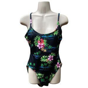 Vtg Paradise Beach Tropical Swimsuit M One Piece Parrots Hibiscus Palm Resort